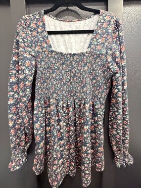 Smocked Floral Long-Sleeve Top - Navy Red